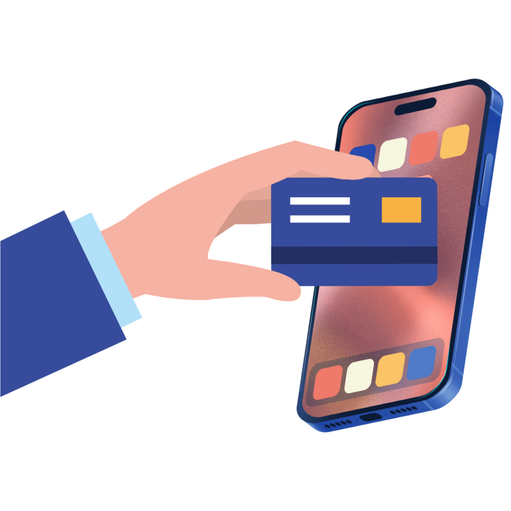 Illustration of a hand holding a credit card near a smartphone for a contactless payment.