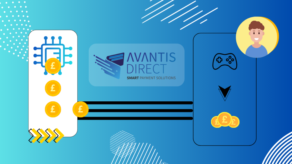 payment gateway for online gaming The image depicts a payment process for online gaming with coins moving from a microchip to a gaming controller, featuring the Avantis Direct logo in the center