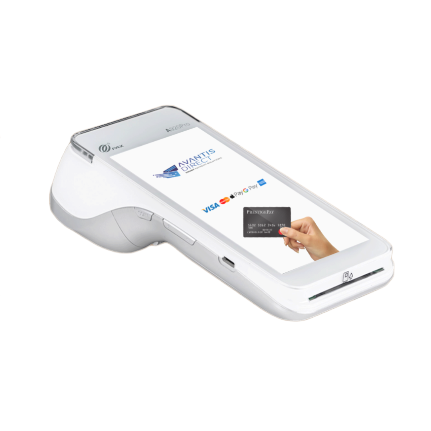 Avantis Direct handheld payment terminal displaying multiple payment options