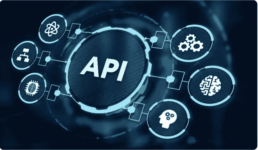 The image depicts a central "API" hub surrounded by various icons representing related technologies 