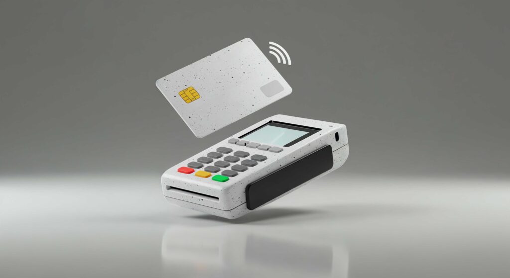 Chip and PIN machine in a Manchester retail shop processing secure card payment.