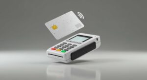 Chip and PIN machine in a Manchester retail shop processing secure card payment.